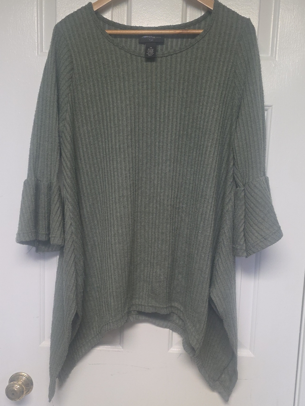 Olive Ribbed Bell-Sleeve Tunic Top